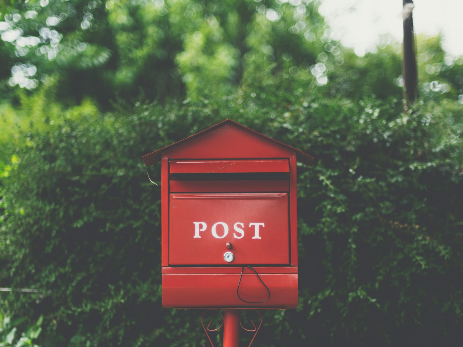Rød postkasse i en grøn have